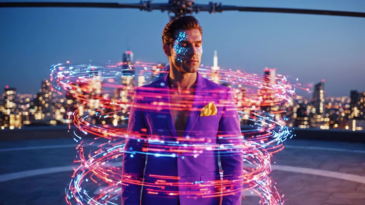 A confident individual stands on a rooftop with a stunning city skyline at twilight, showcasing vibrant blue face paint and a purple suit, exuding charisma.