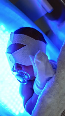 little newborn baby with bandage on eyes and pacifier lies on ultraviolet lamp. kid crossed his hands on the chest. therapy against jaundice. vertical video