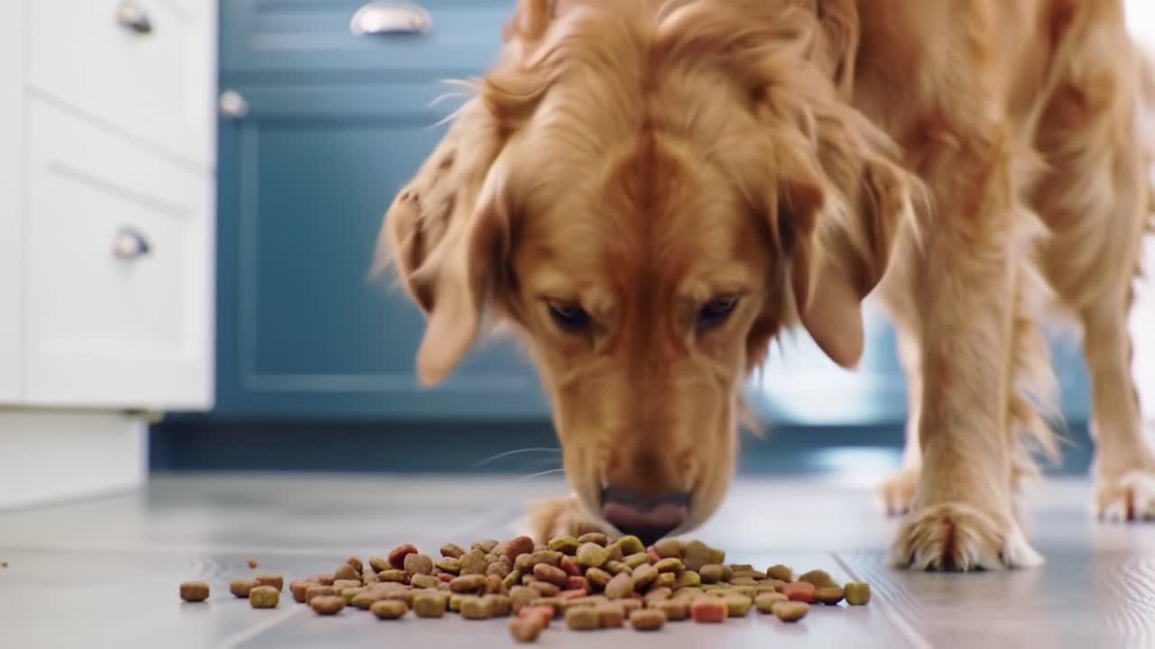 Ein Golden Retriever, der in einer modernen Küche darauf konzentriert ist, sein Futter vom Boden zu fressen und die Freude eines Haustiers einzufangen, das sein Futter genießt