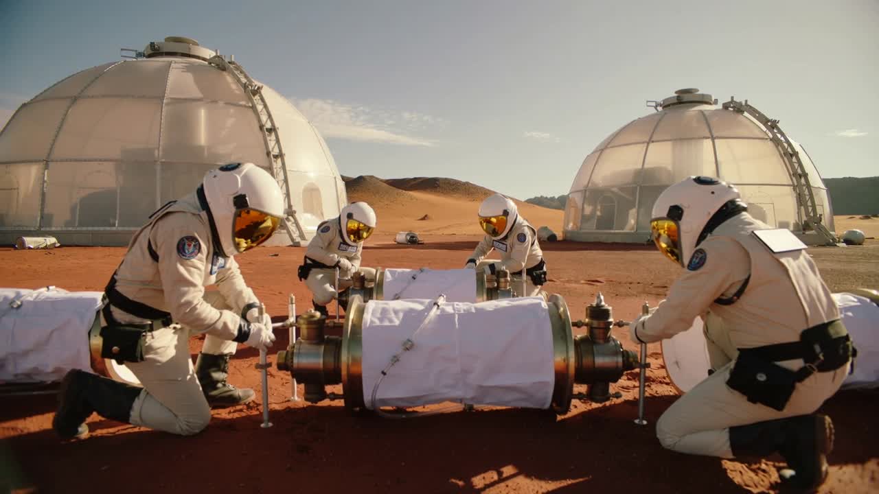 Equipaggio che assembla e fissa gli accoppiamenti su una pianura rossa vicino alle cupole, moduli avvolti, tute bianche con visiera dorata.