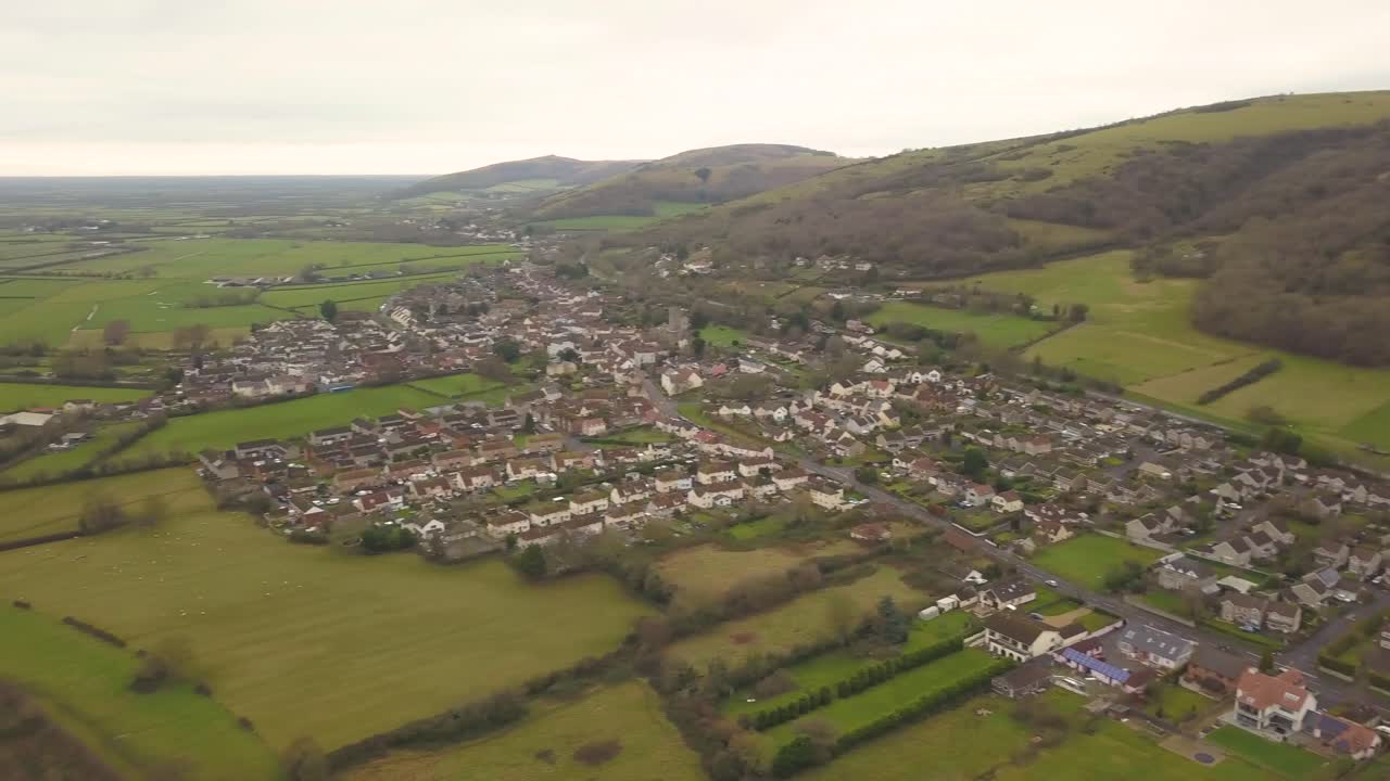 CHEDDAR, SOMERSET, ENGLAND, December 28, 2019: Aerial view of cheddar village. This is a large village and civil parish in the district of Sedgmoor.
