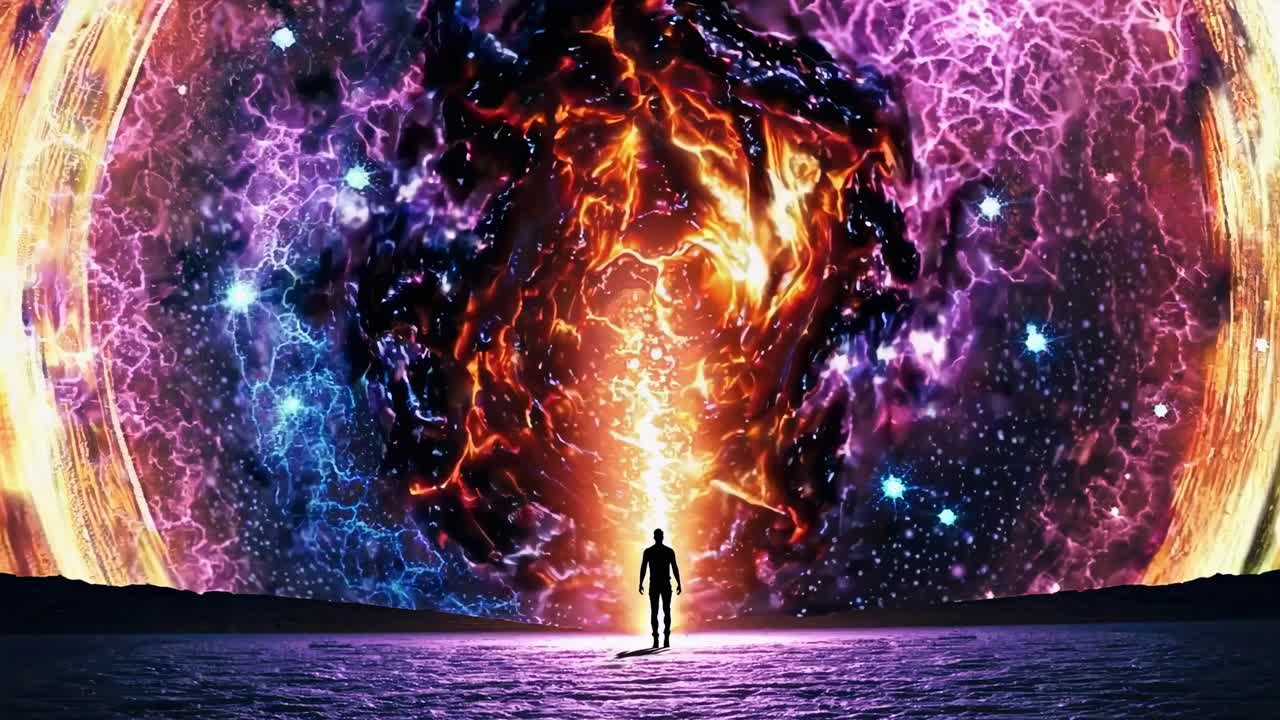 A silhouette stands before a cosmic portal with swirling colors
