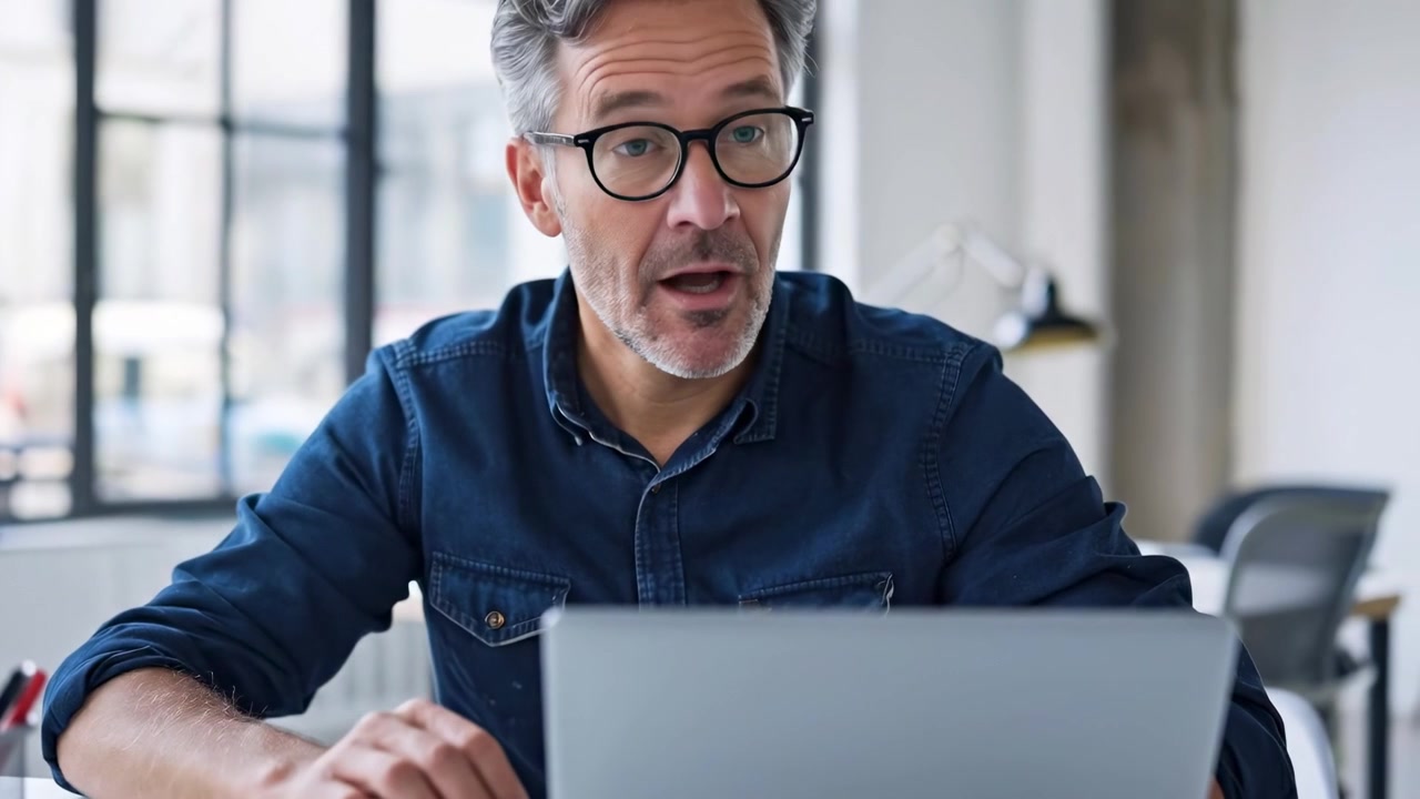Middelaldrende mann jobber på bærbar PC på moderne kontor