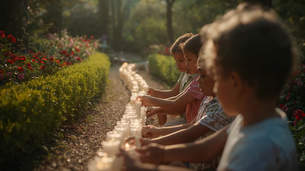 Kids holding lighters and igniting candles along garden path with roses for ceremony, copy space