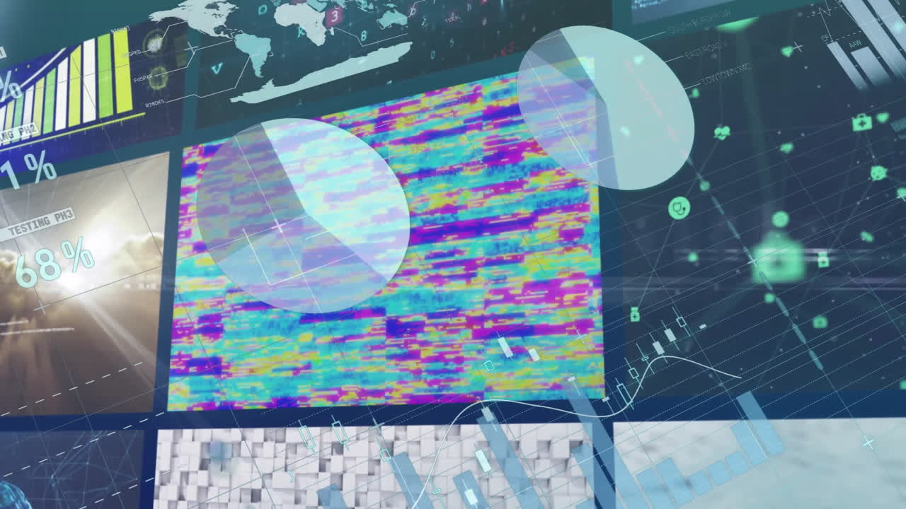 Graphs and percentages in colorful data visualization on digital interface animation