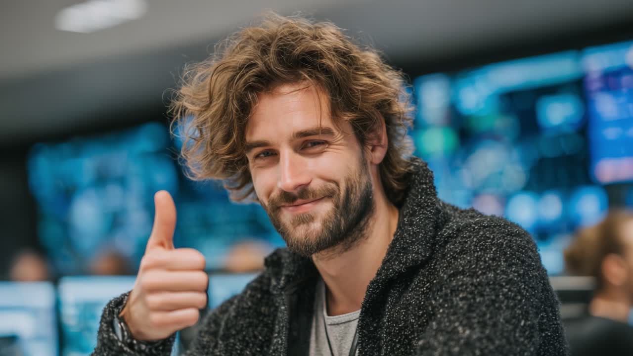 A confident young man in casual attire gives a thumbs up in a modern control room filled with screens, conveying a sense of approval and positivity in a professional environment