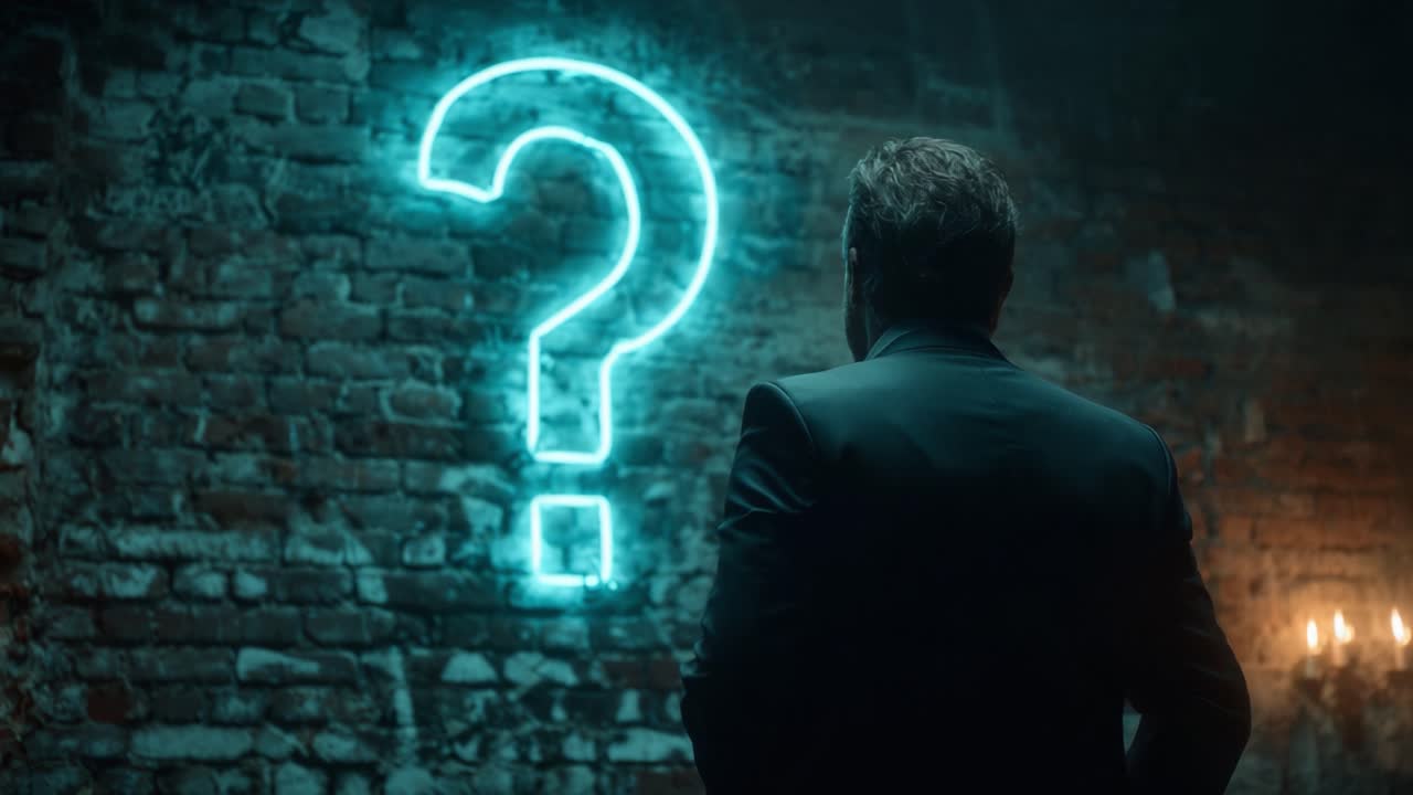 A Man Contemplates the Unknown while Gazing at a Mysterious Neon Question Mark in a Dimly Lit Brick Wall Setting, Evoking Intrigue and Curiosity