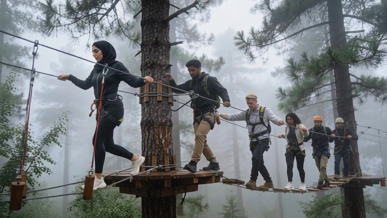 Stepping off platform, hijabi in black gear crossing rope bridge, clipping in, copy space