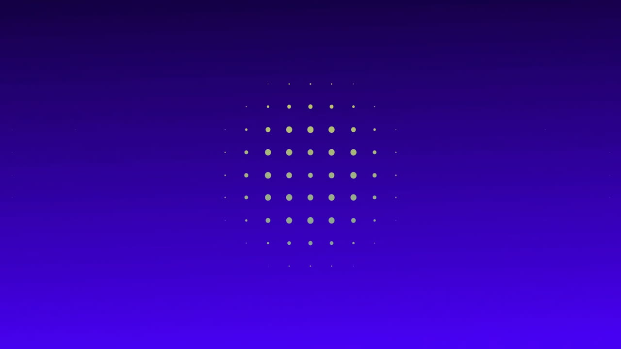 Yellow and green dots forming geometric pattern over blue gradient background in animation