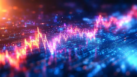 colorful moving waveform. brightly colored waveform reflects data trends in a dynamic digital landscape, showcasing vibrant visualizations.