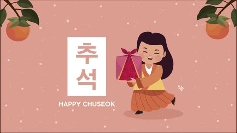 feliz chuseok letras con la niña levantando regalo