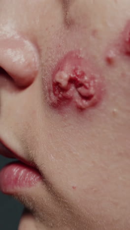 close-up of facial acne