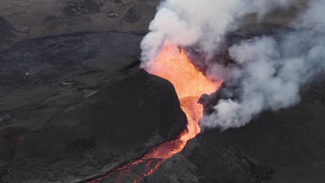 active volcano emitting smoke and lava