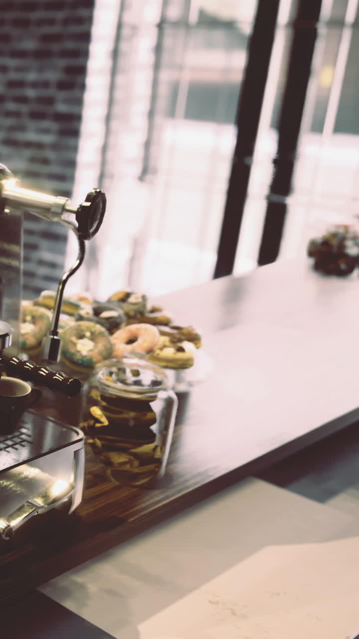 Mostrador de cafetería con pasteles y bebida bajo la luz de la tarde