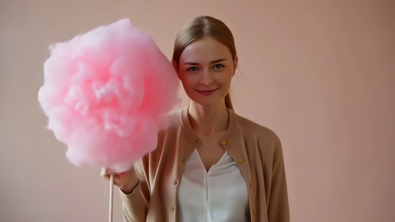 Person holding pink cotton candy in front of face