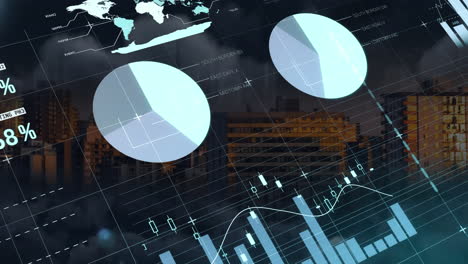 animation of statistics and financial data processing over cityscape