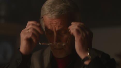 old passionate man put on the glasses in his office at night