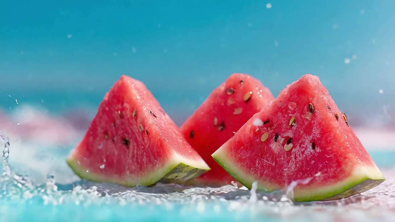 Fette di anguria che schizzano in acqua limpida in una giornata di sole