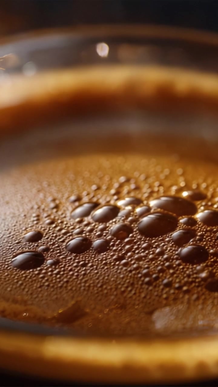 Primo piano di una bevanda fumante con bolle e una consistenza ricca, catturata in due inquadrature, evidenziando l'esperienza sensoriale di gustare una bevanda calda.