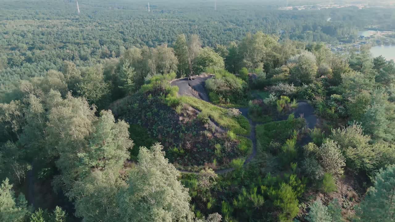 Aerial View of a Hilltop Landscape with Forest and Lake