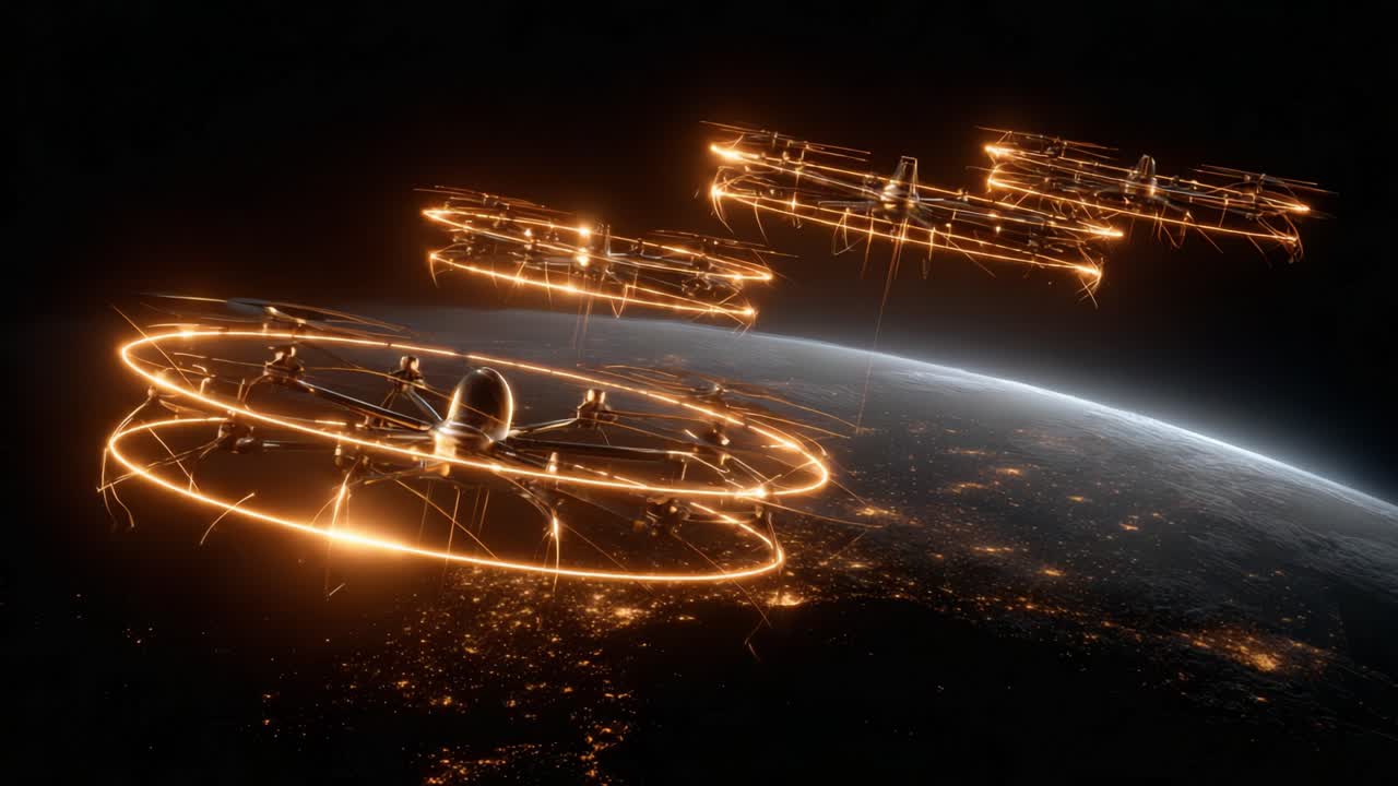 Futuristic eVTOL air taxi drones flying in formation high in orbit above the illuminated city lights of planet Earth, representing the future of mobility, technology, and global transportation