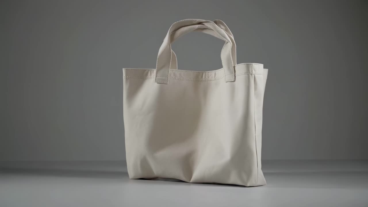 Un video minimalista che mostra una tote bag beige su una superficie piatta, ripresa da un angolo frontale