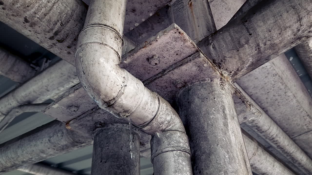 Industrielt rørledd under betongkonstruksjon som viser lekkasje, korrosjon og aldrende infrastruktur, konstruksjonsfeil, vedlikeholdsproblem, urban ingeniørkunst og vannforvaltningskonsept