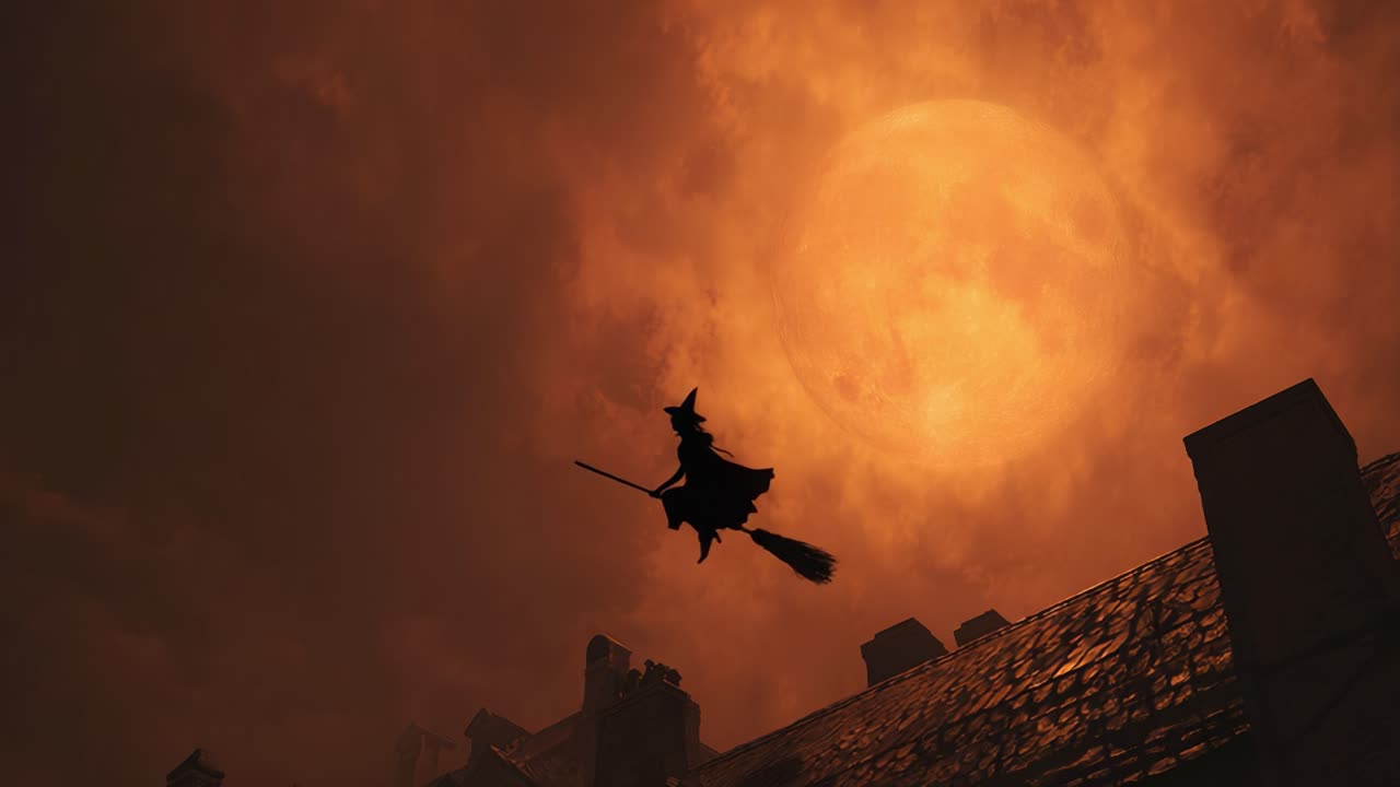 A Mystical Witch Soars Through the Night Sky, Riding Her Broomstick Against the Backdrop of a Glowing Moon and Dramatic Clouds During a Spooky Evening