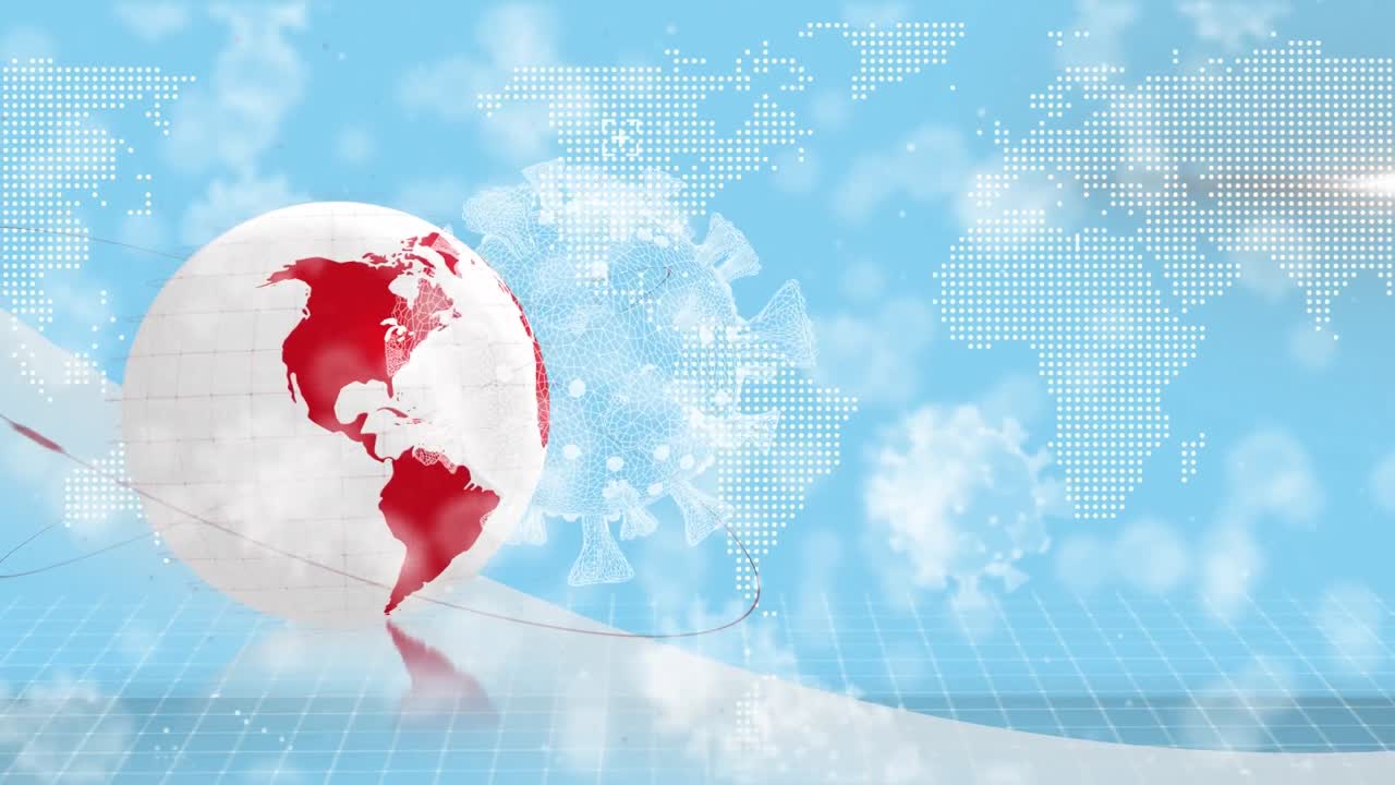 전 세계와 지도에서 떨어지는 코로나 19 세포의 애니메이션