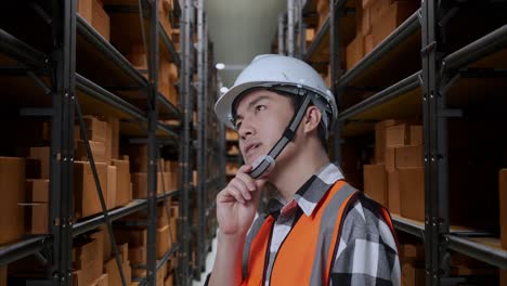 close up side view of asian male engineer with safety helmet standing in the warehouse with shelves full of delivery goods. thinking about something and looking around then raising his index finger