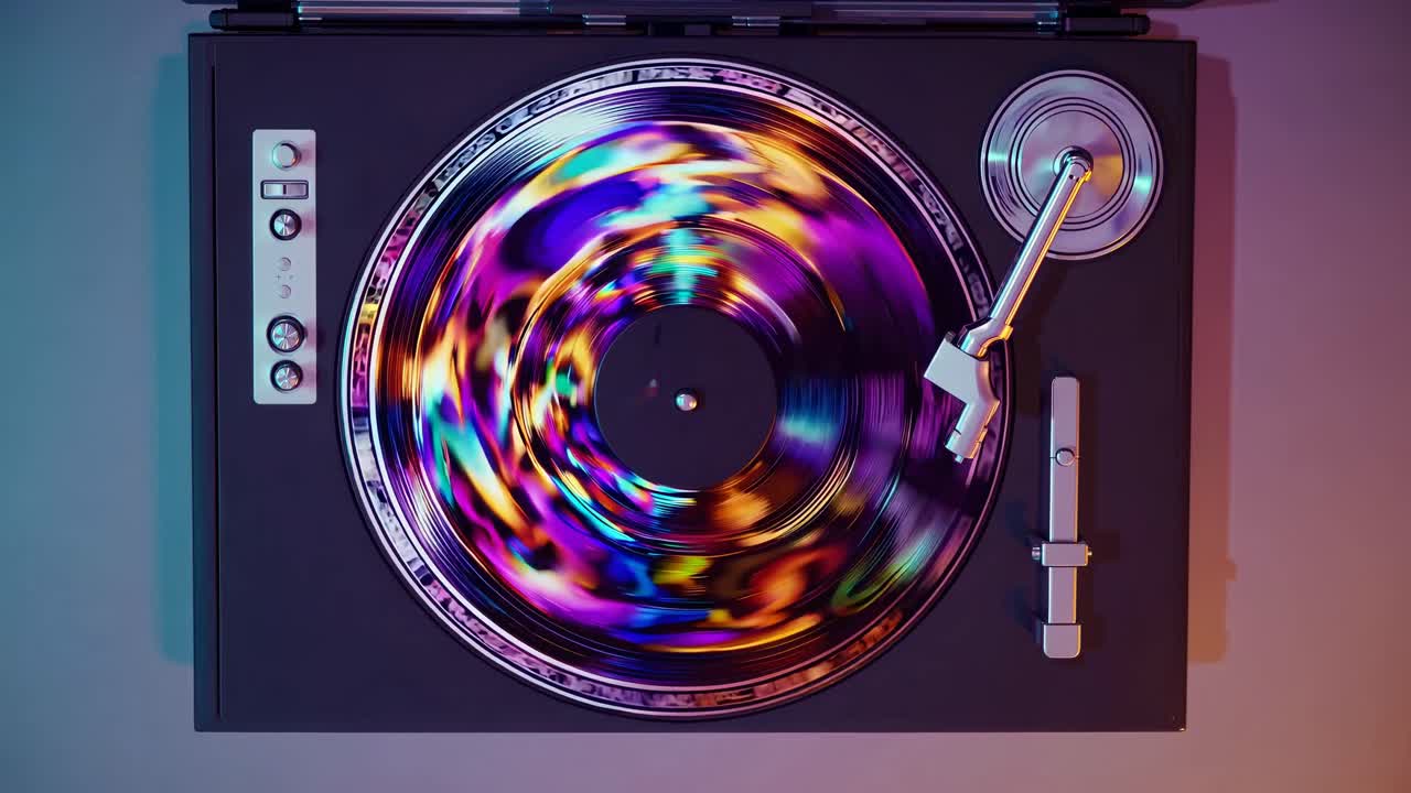 Top-down view of a turntable with a colorful, swirling vinyl, evoking a retro video vibe