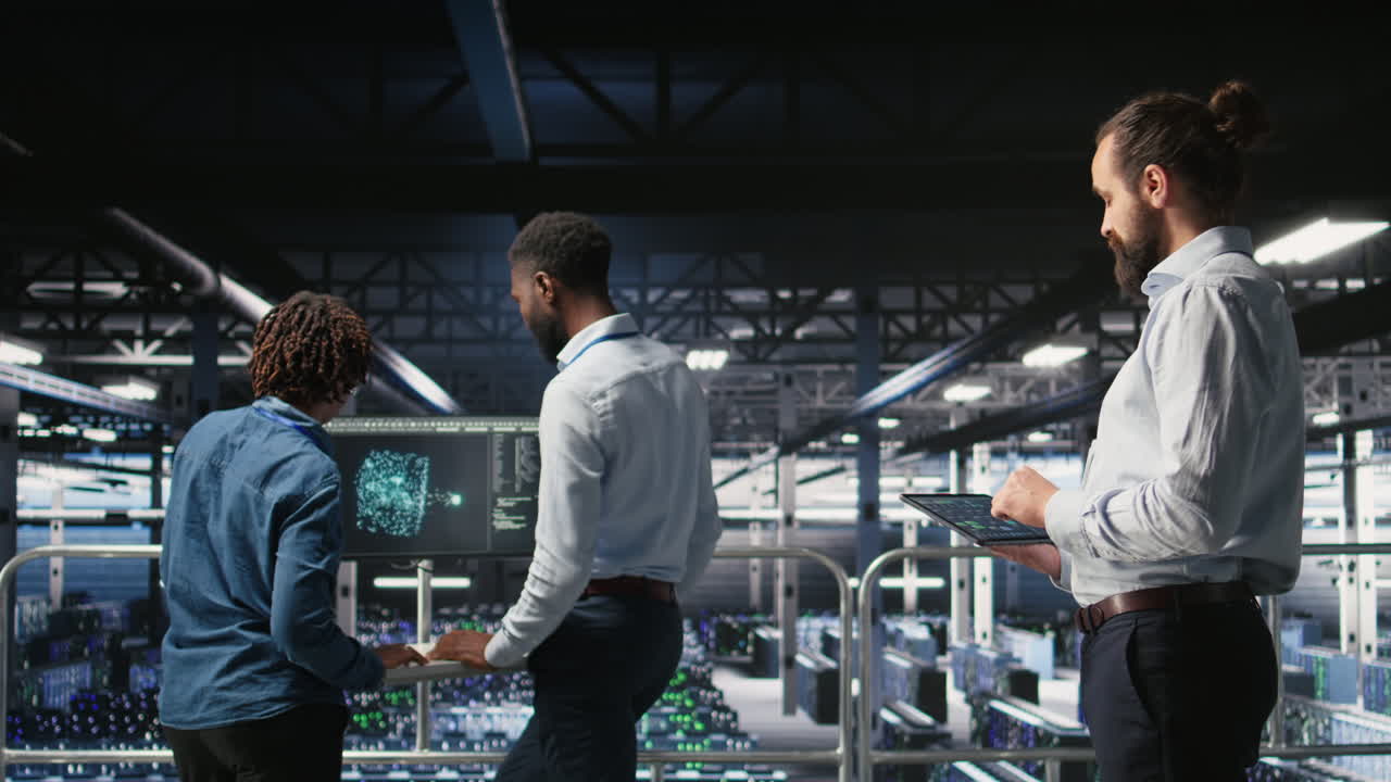 Data center computer scientists using devices to review AI LLM visualizations