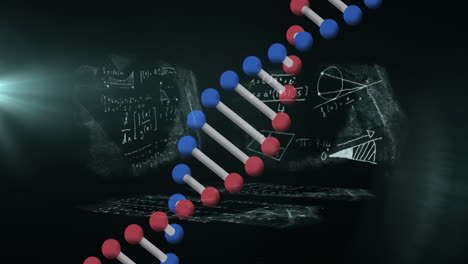 dna structure spinning against mathematical equations against black background