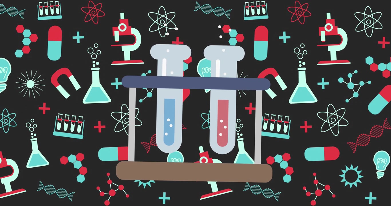 Icona provette con icone di concetti scientifici su sfondo nero
