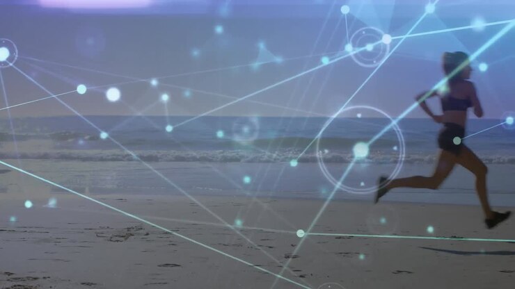 Animation of network lines connecting dots against young caucasian woman running at beach