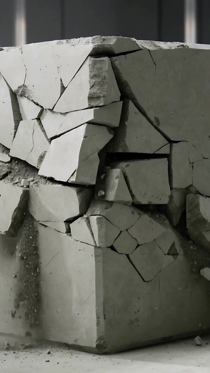 Vertical video: Cracking concrete cube shedding slabs and dust at workshop from hairline cracks