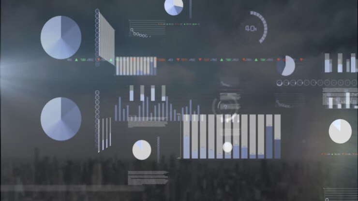 Animation of multiple graphs, loading circles, trading board over modern city against cloudy sky