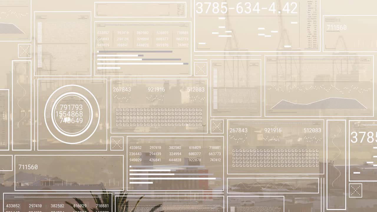 Animation of interface with data processing against aerial view of cityscape