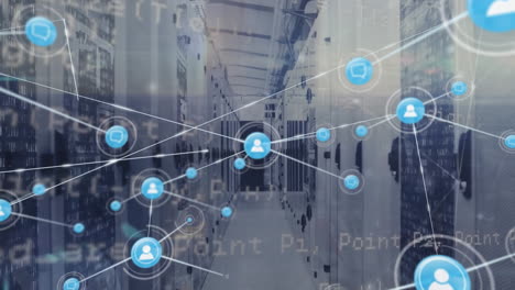animación de la red de conexiones con iconos y procesamiento de datos a través de servidores informáticos