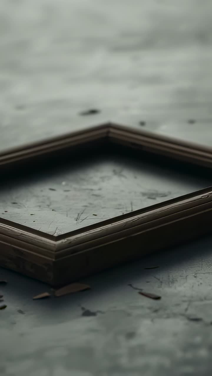 Vertical video: Shifting camera revealing empty wooden frame lying on worn surface, showing wear