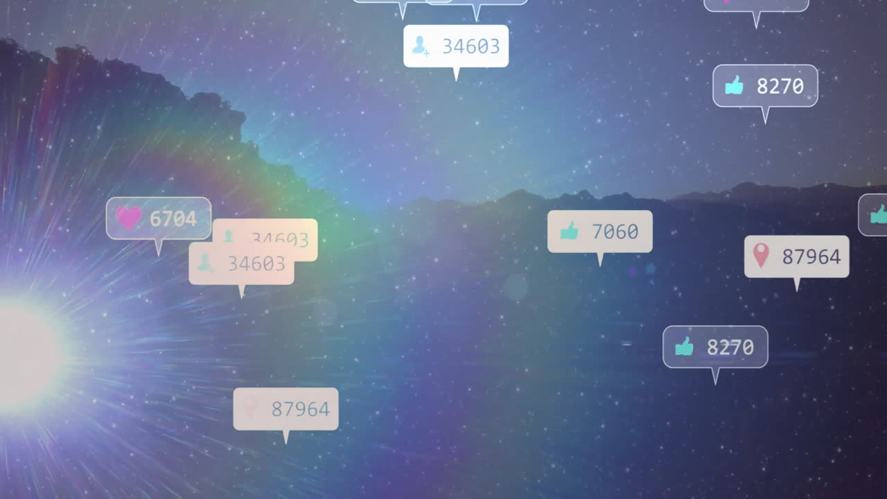 Floating social media notification icons drifting over night sky, featuring likes hearts followers