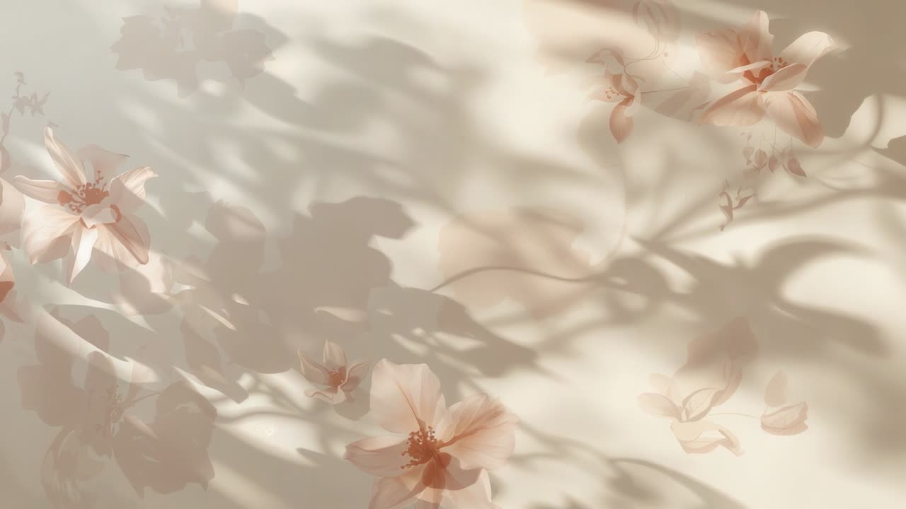 Luce del sole che filtra tra le foglie, increspando fioriture color pesca e ombre di foglie su una parete chiara dello studio