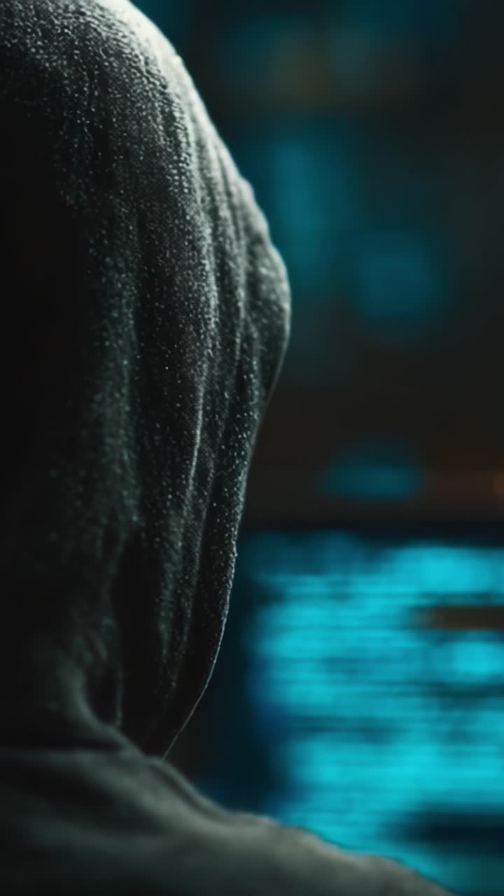 Uma Figura Misteriosa de Capuz Analisando Dados em Múltiplas Telas de Computador, Incorporando a Essência da Intriga Cibernética e Exploração Digital