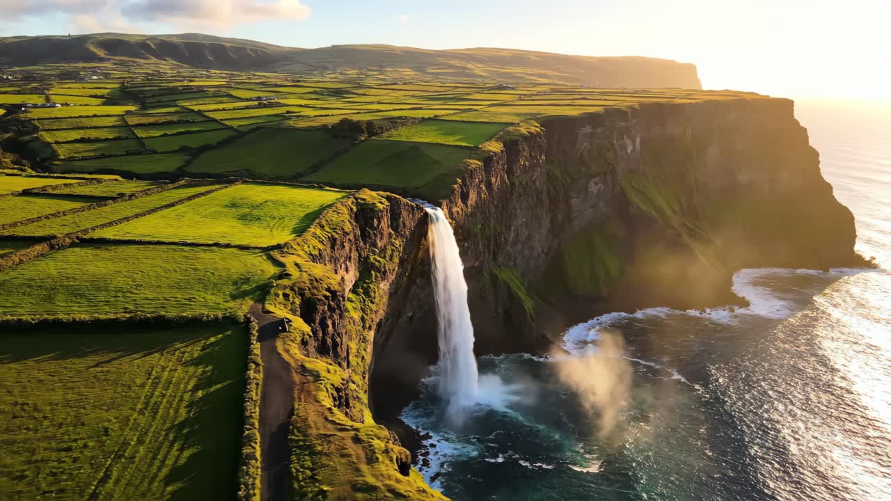 Waterfall cascading from a cliff into the ocean
