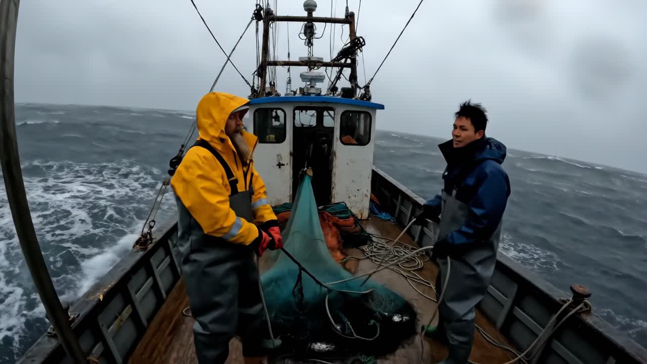 Fishermen Working on a Boat in Stormy Weather