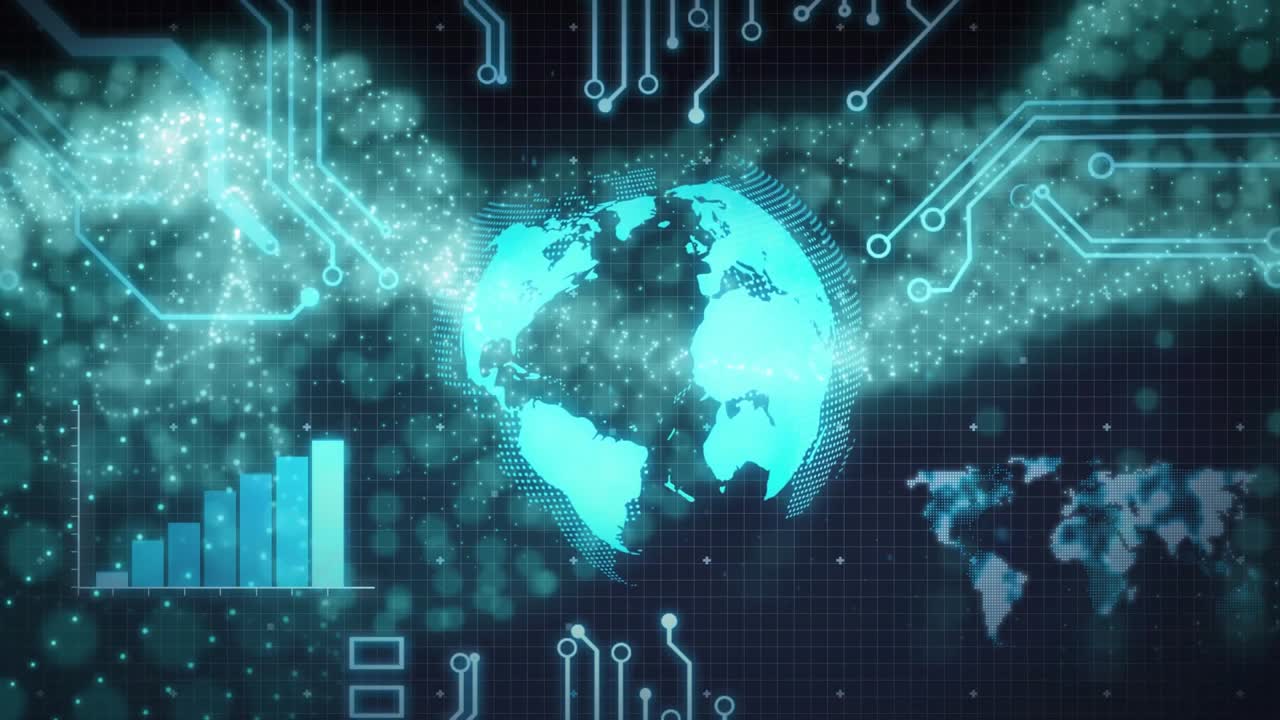 Dots forming holographic globe, data streams powering circuits, chart bars rising showing data