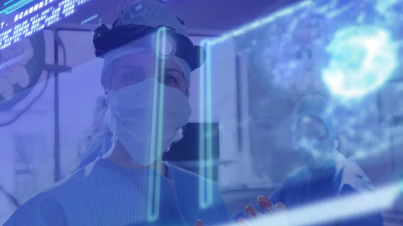 Analyzing digital data overlay, medical professionals in futuristic operating room animation