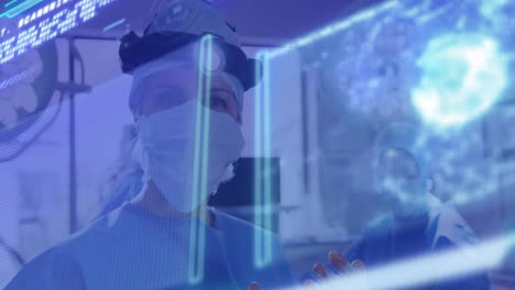 analyzing digital data overlay, medical professionals in futuristic operating room animation
