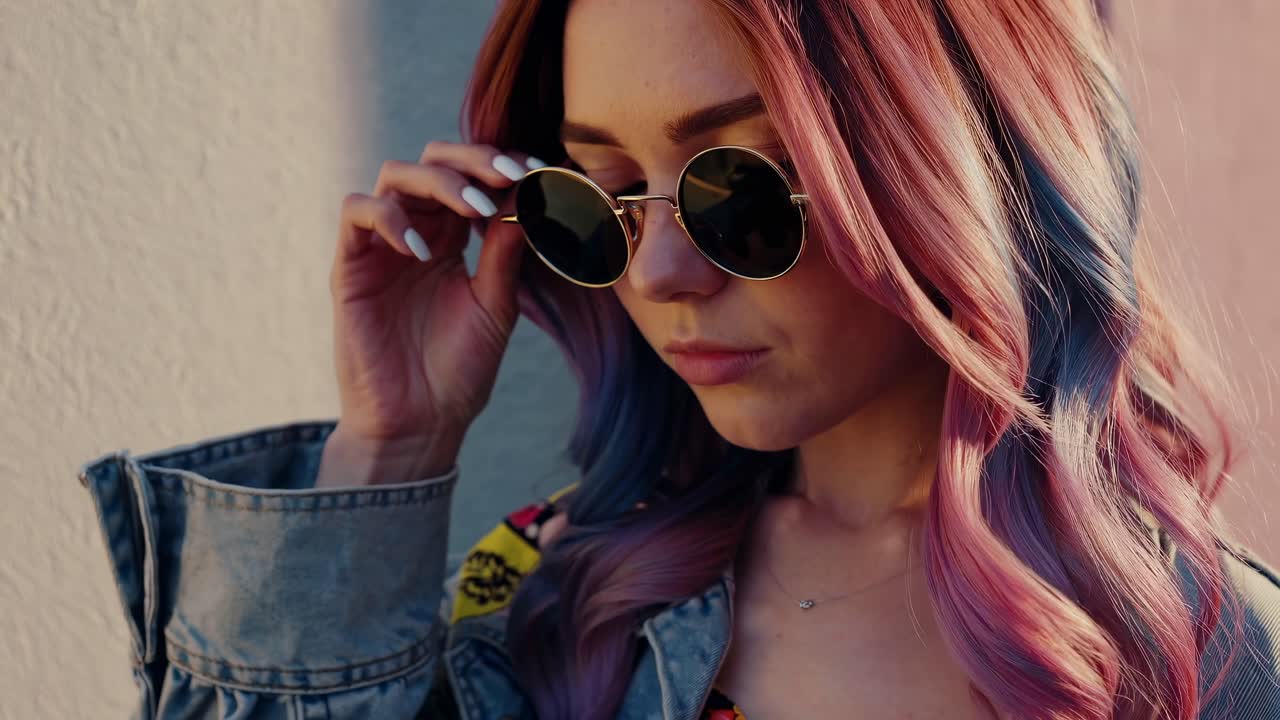 Una donna con capelli color pastello e occhiali da sole tiene dei fiori, appoggiata a una parete.