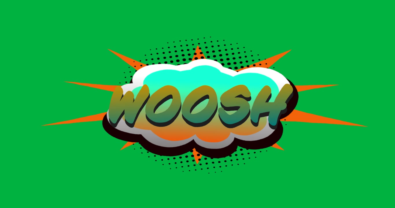 Animation of vintage comic cartoon speech bubble with Woosh text written in green letters moving